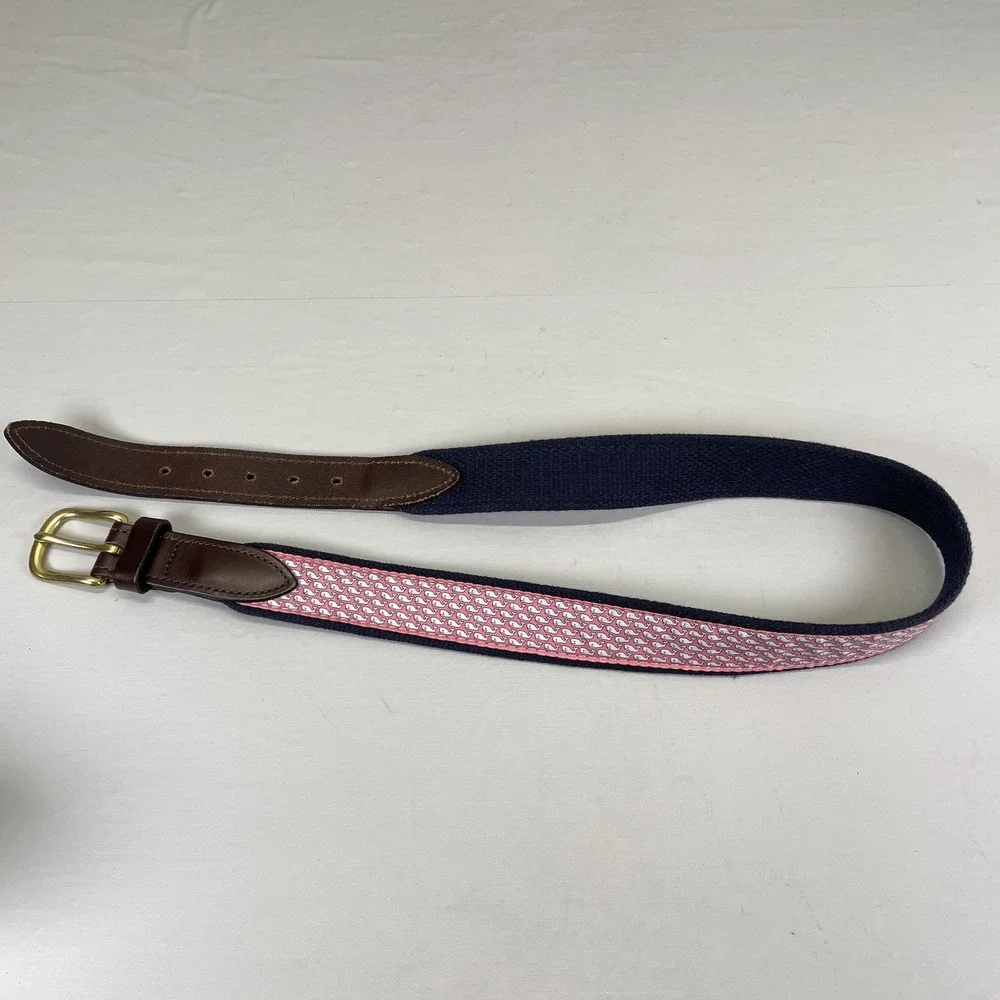 Vineyard Vines Belt Mens 28 Navy Pink White Whale Ribbon Solid Brass Buckle -USA